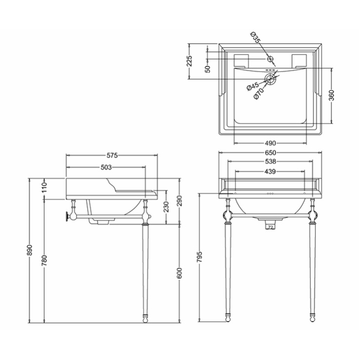 Burlington Edwardian Консоль под раковину B15 1TH, напольная 53,8х50,3х78,5h см, цвет: золото глянец T49A GOLD