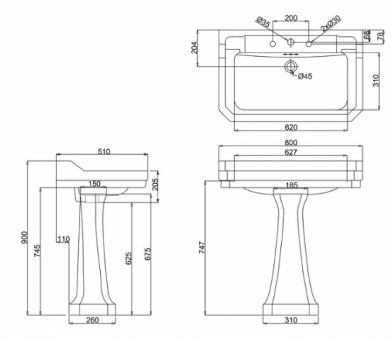 Burlington Edwardian Пьедестал для раковины B1/B2/B14/B15/B18, напольный 68h см, цвет: белый глянец P6