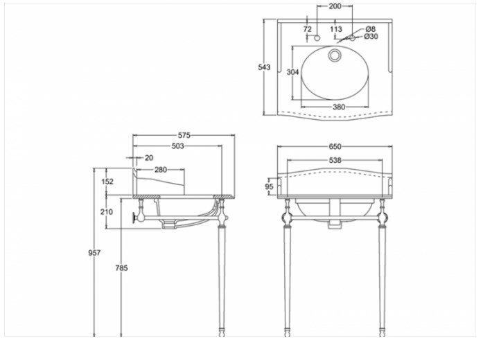 Burlington Georgian Консоль под раковину B15 1TH, напольная 53,8х50,3х78,5h см, цвет: хром глянцевый T49A CHR