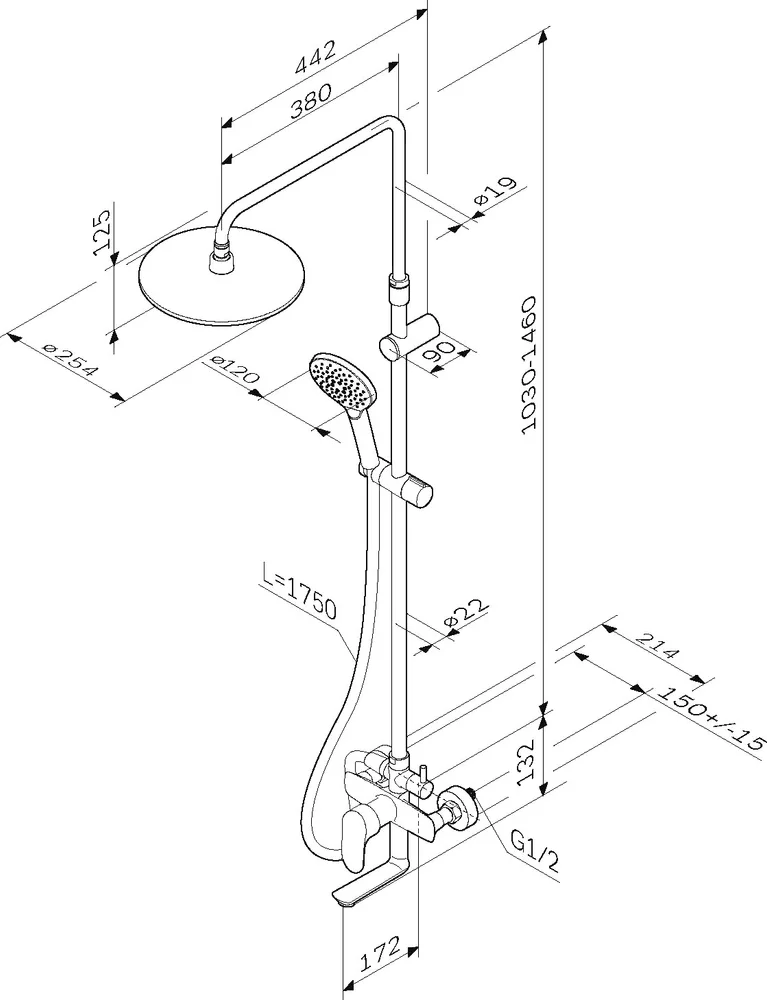 Am.Pm Like Душевая стойка: смеситель, верхний и ручной душ, шланг, цвет: хром глянцевый F0780964