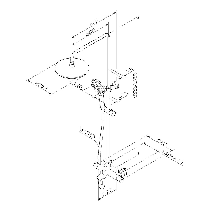 Am.Pm Like Душевая стойка: термостат, верхний и ручной душ, шланг, цвет: хром глянцевый F0780564