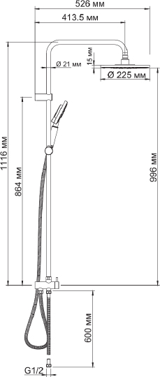 Wasserkraft Душевая стойка: смеситель, ручной душ 3 вида струи, шланг, верхний душ, цвет: хром A039