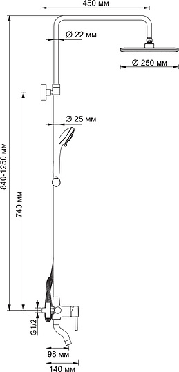 Wasserkraft Душевая стойка: смеситель, ручной душ 3 вида струи, шланг, верхний душ, цвет: хром A14401