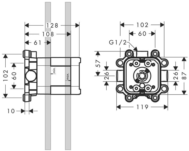 Axor Shower Collection Скрытая часть верхнего душа 24x24 cм 1 вид струи 10921180