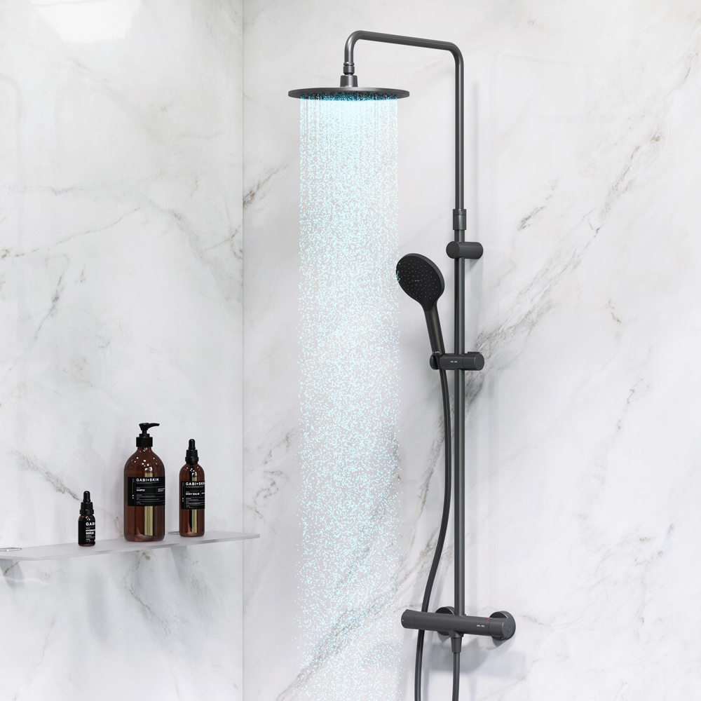 Am.Pm Like Душевая стойка: термостат, верхний и ручной душ, шланг, цвет: черный матовый F0780422