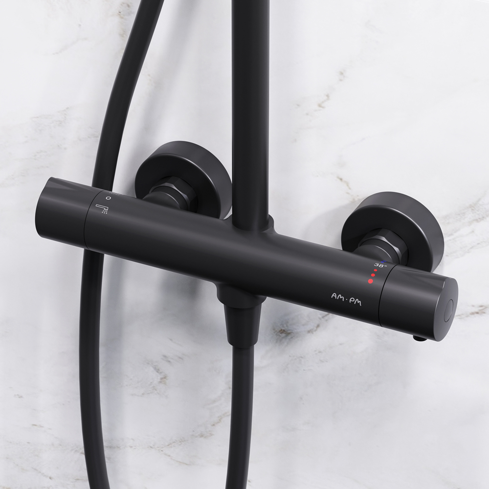 Am.Pm Like Душевая стойка: термостат, верхний и ручной душ, шланг, цвет: черный матовый F0780422
