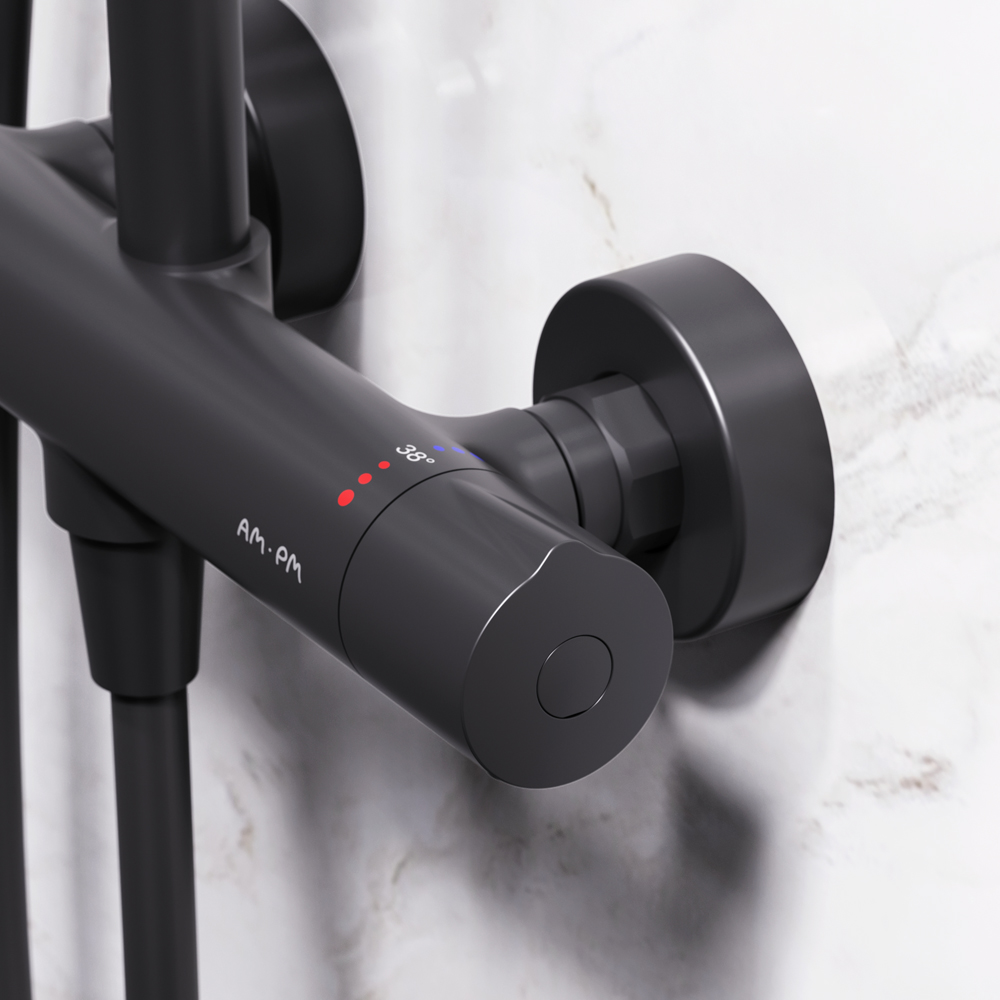 Am.Pm Like Душевая стойка: термостат, верхний и ручной душ, шланг, цвет: черный матовый F0780422