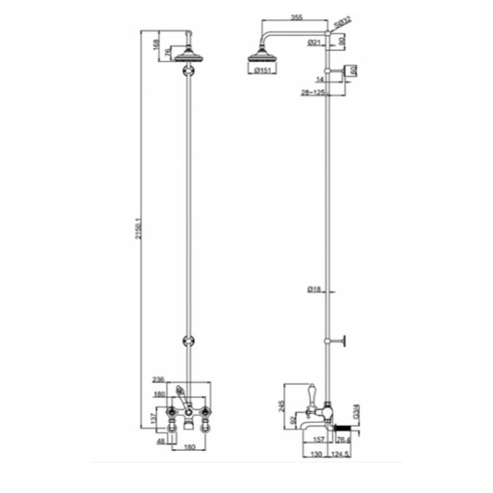 Burlington Kensington Душевой комплект: смеситель, душ, стойка, излив 13 см, цвет: хром/черный глян. H295-KE BLA