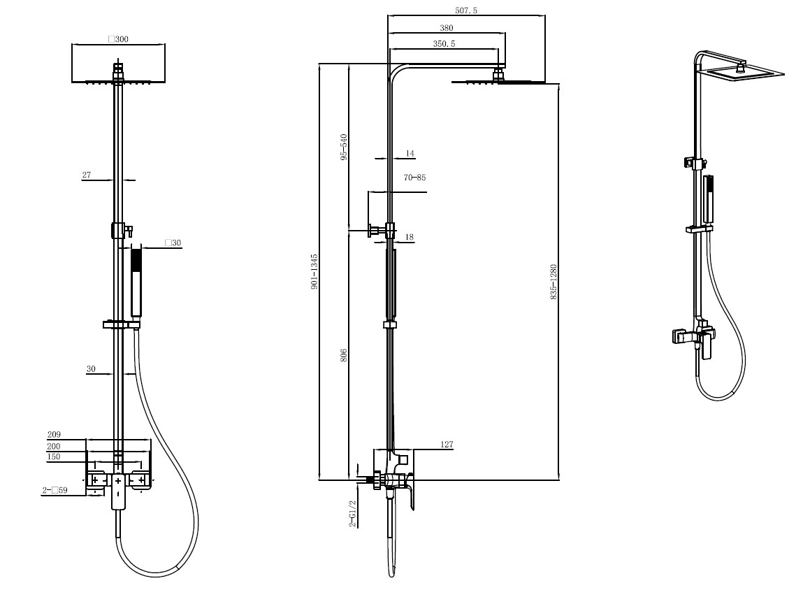 Allen Brau Infinity Душевая стойка: смеситель, ручной и верхний душ, шланг 150 см, цвет: черный мат 5.21012-31