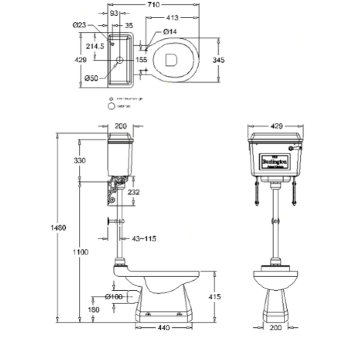 Burlington Classic Бачок слива низкий-средний с ручкой и сливным механизмом, цвет: хром глянцевый T71 CHR