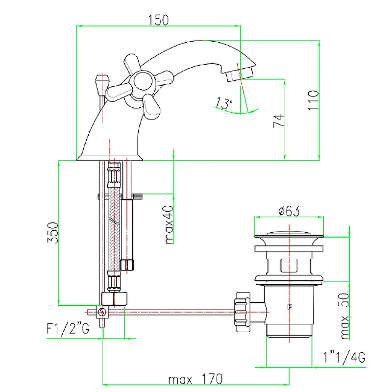 Webert Armony Смеситель для раковины, с донным клапаном, цвет: бронза AM700108065