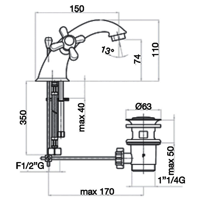Webert Armony Смеситель для раковины, с донным клапаном, цвет: золото AM700108010