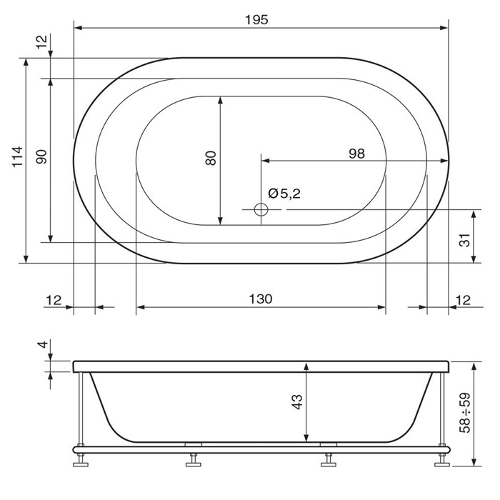 Hafro Oasy Ванна 195x115 см, без панелей Airpool, цвет: белый 2OAA1N5