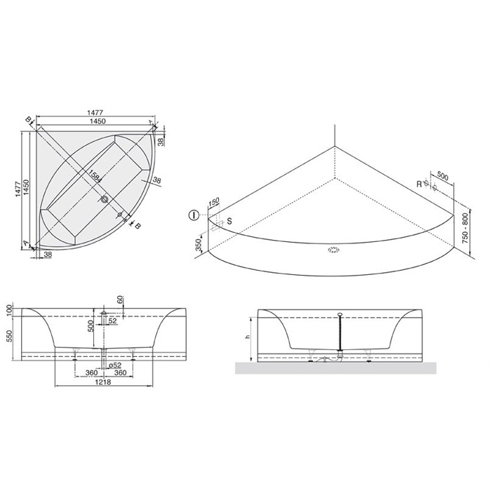 Villeroy & Boch Squaro Ванна угловая 145х145х50 см, цвет: белый UBQ145SQR3V01