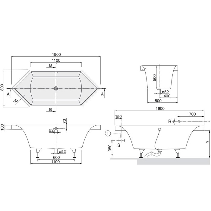 Villeroy & Boch Squaro Ванна встраиваемая, 190х80х50 см, шестиугольная, цвет: белый UBQ190SQR6V01