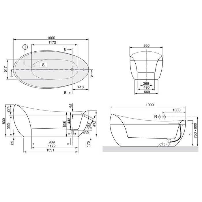 Villeroy & Boch Aveo Ванна овальная отдельностоящая 190х95х44 см, цвет: белый UBQ194AVE9PDV01
