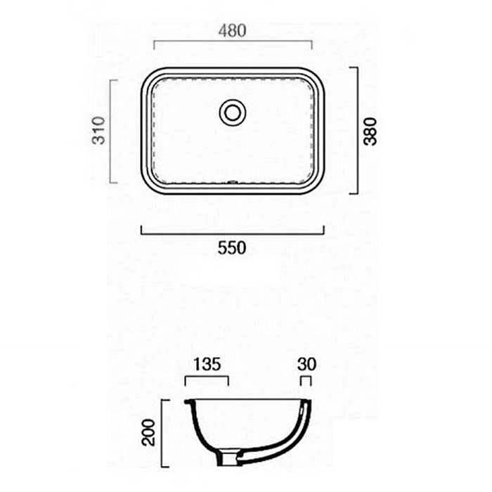 Catalano Italy Раковина встраиваемая снизу 55x38 см, с переливом, покр Cataglaze, цвет: белый глянц. 0727550001
