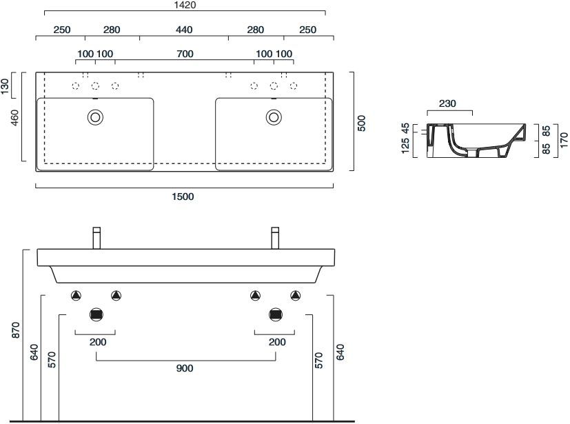 Catalano Comfort Раковина подвесная 150x50x17h см, с переливом, покр. Cataglaze, цвет: белый глянц. 0121520001