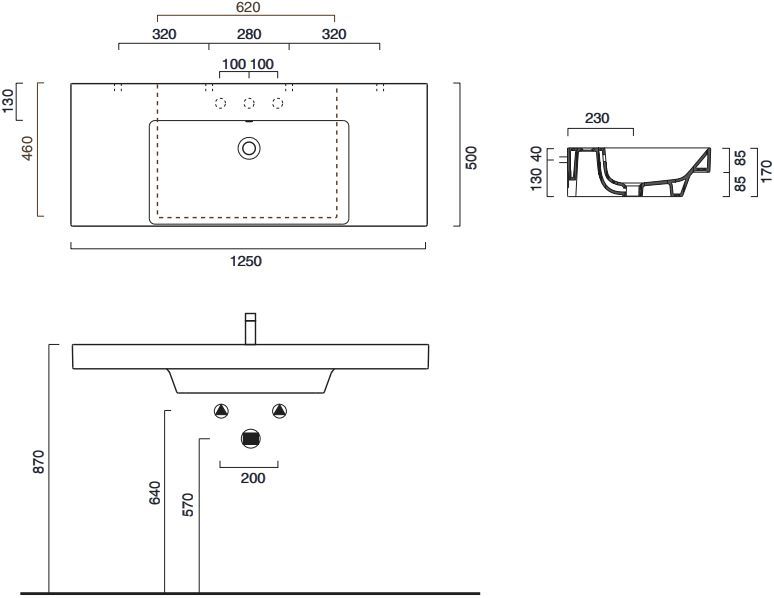 Catalano Zero Раковина подвесная 125x50x17h см, с переливом, покр. Cataglaze, цвет: белый глянц. 0121260001