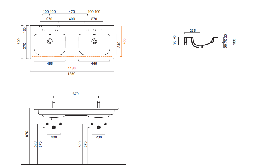 Catalano Comfort Раковина подвесная 125x50x18h см, с переливом, покр. Cataglaze, цвет: белый глянц. 0721270001
