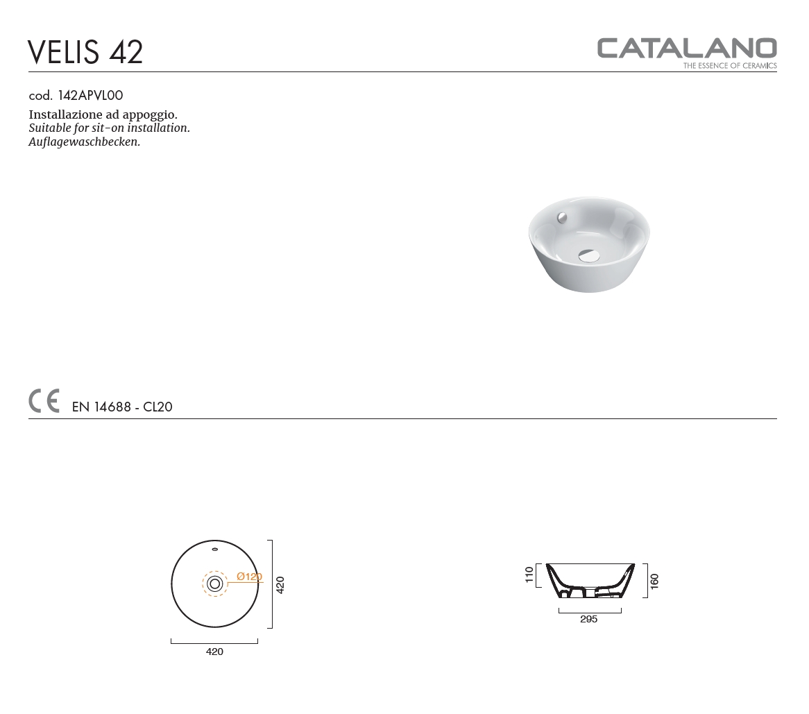 Catalano Zero Раковина чаша d42x16h см, с переливом, цвет: белый глянцевый 0723420001