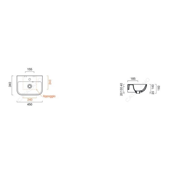 Catalano Comfort Раковина подвесная 45x34x16h см, 1 отв., с переливом, Cataglaze, цвет: белый глянц. 0720461001
