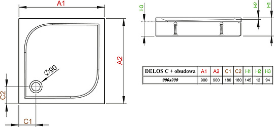 Radaway Delos C Душевой поддон из акрила, 90х90х15h см, цвет: белый глянцевый 4C99170-03