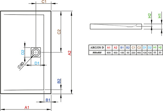 Radaway Argos D Душевой поддон из акрила, 90х80х5,5h см, цвет: белый глянцевый 4AD89-01