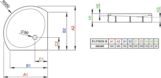 Radaway Patmos B Душевой поддон из акрила, 90х90х16h см, цвет: белый глянцевый 4T99155-03