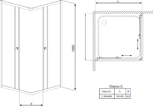 Душевой уголок Radaway Classic C 80 прозрачное стекло 30060-01-01
