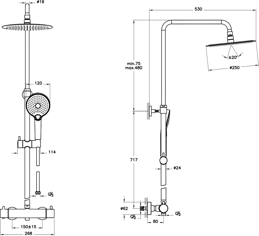 VitrA AquaHeat Душевая стойка, 26,8х53хh122,8 см, цвет: хром A47201EXP