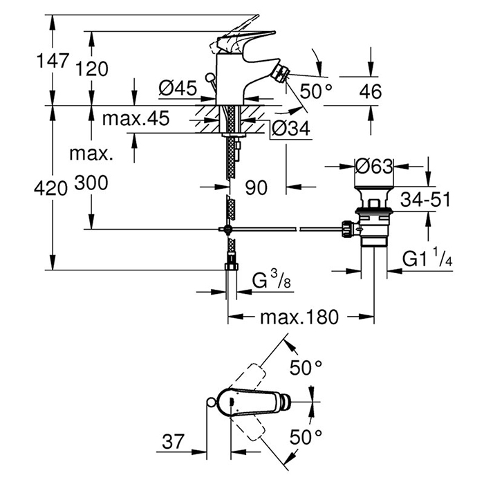 Grohe BauFlow Смеситель для биде со сливным гарнитуром, цвет: хром 23754000