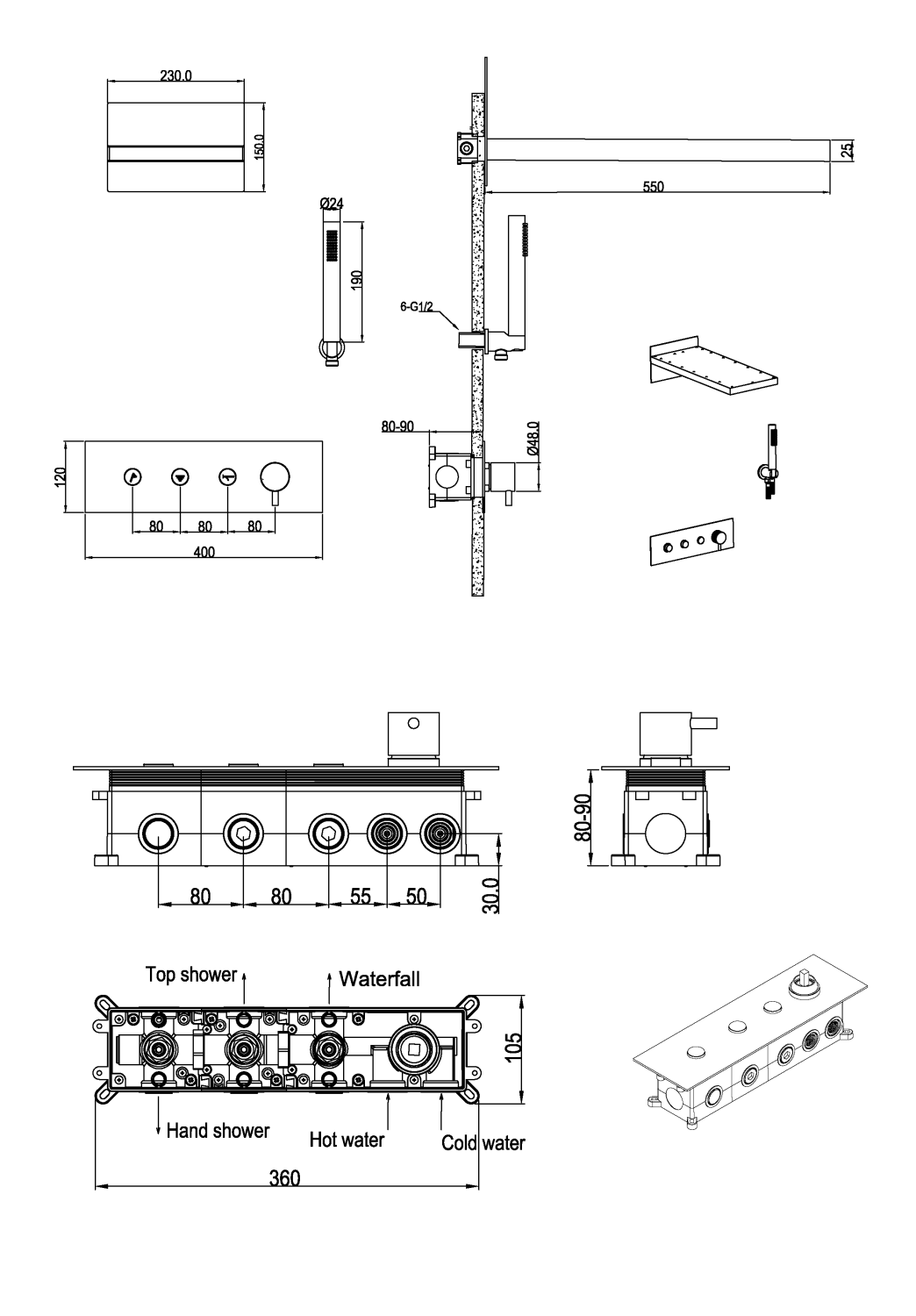 Boheme Fusion Душевой комплект встраиваемый - смеситель, верхний, ручной душ, без изл., цвет: chrome 130-CR