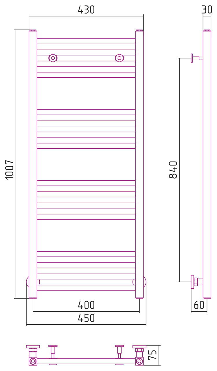Сунержа Модус Полотенцесушитель водяной 40x100h, цвет: матовый черный 31-0250-1040