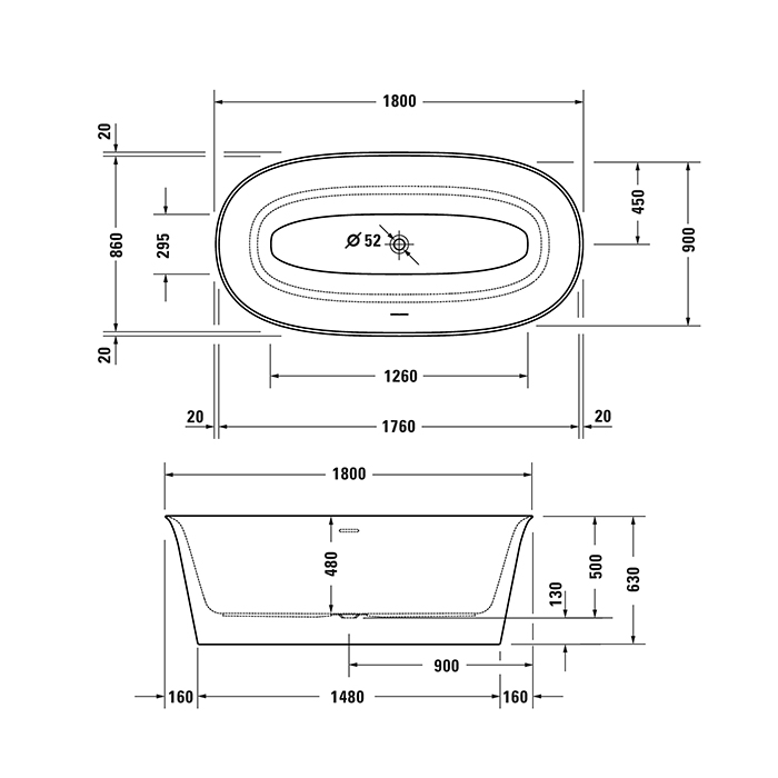 Duravit White Tulip Ванна акриловая 180х90хh63 см , отдельност., цвет: белый 700469000000000