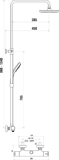 Ravak TE 091.00 Душевая стойка: термостат, ручной душ 5 видов струи, шланг, верхний душ, цвет: хром X070058