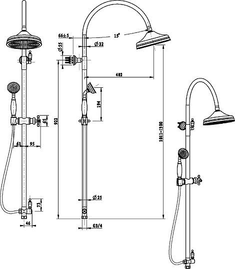 Boheme Medici Душевая стойка: ручной душ 1 вид струи, шланг 150 см, верхний душ 20 см, цвет: bronze 401