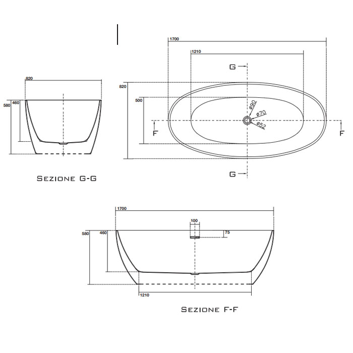 Kerasan Flo Ванна акриловая отдельностоящая 170x82 см, со сливом Clic-Clac, цвет: Bianco 742901