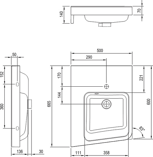 Ravak BeHappy II Раковина подвесная левая 66,5x50 см, с переливом, цвет: белый XJAL1100001