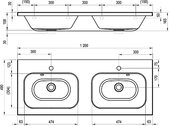 Ravak Chrome Раковина подвесная двойная 120x49 см, с переливом, цвет: белый XJG01112000