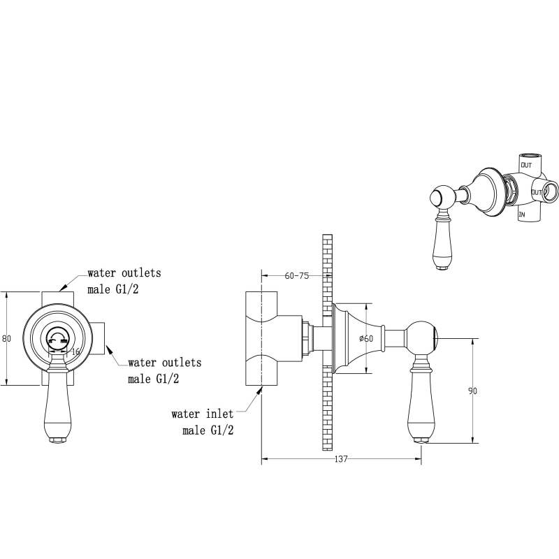 Boheme Imperiale Переключатель потоков на 2 потребителя, цвет: gold 623