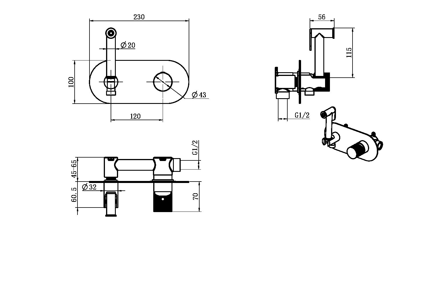 Boheme Stick Diamond Гигиенический душ со смесителем и встраиваемой частью, цвет: black/chrome 127-BCR.2