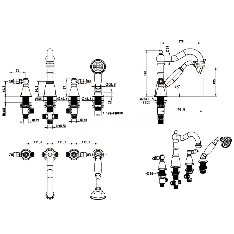Boheme Camelia Spirale Смеситель на борт ванны, на 4 отверстия, с ручным душем, цвет: gold 395-Camelia