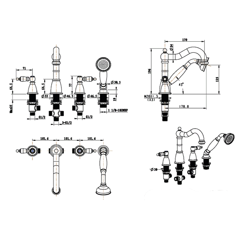 Boheme Camelia Spirale Смеситель на борт ванны, на 4 отверстия, с ручным душем, цвет: chrome 396-Camelia