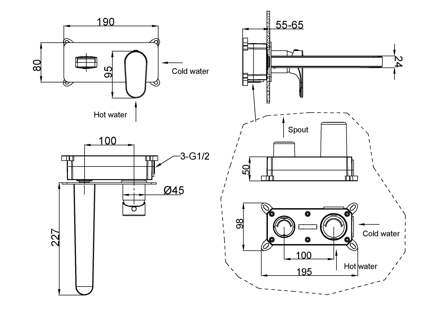 Boheme Spectre Смеситель для раковины встраиваемый, излив, с внутренней частью, цвет: black 455-B
