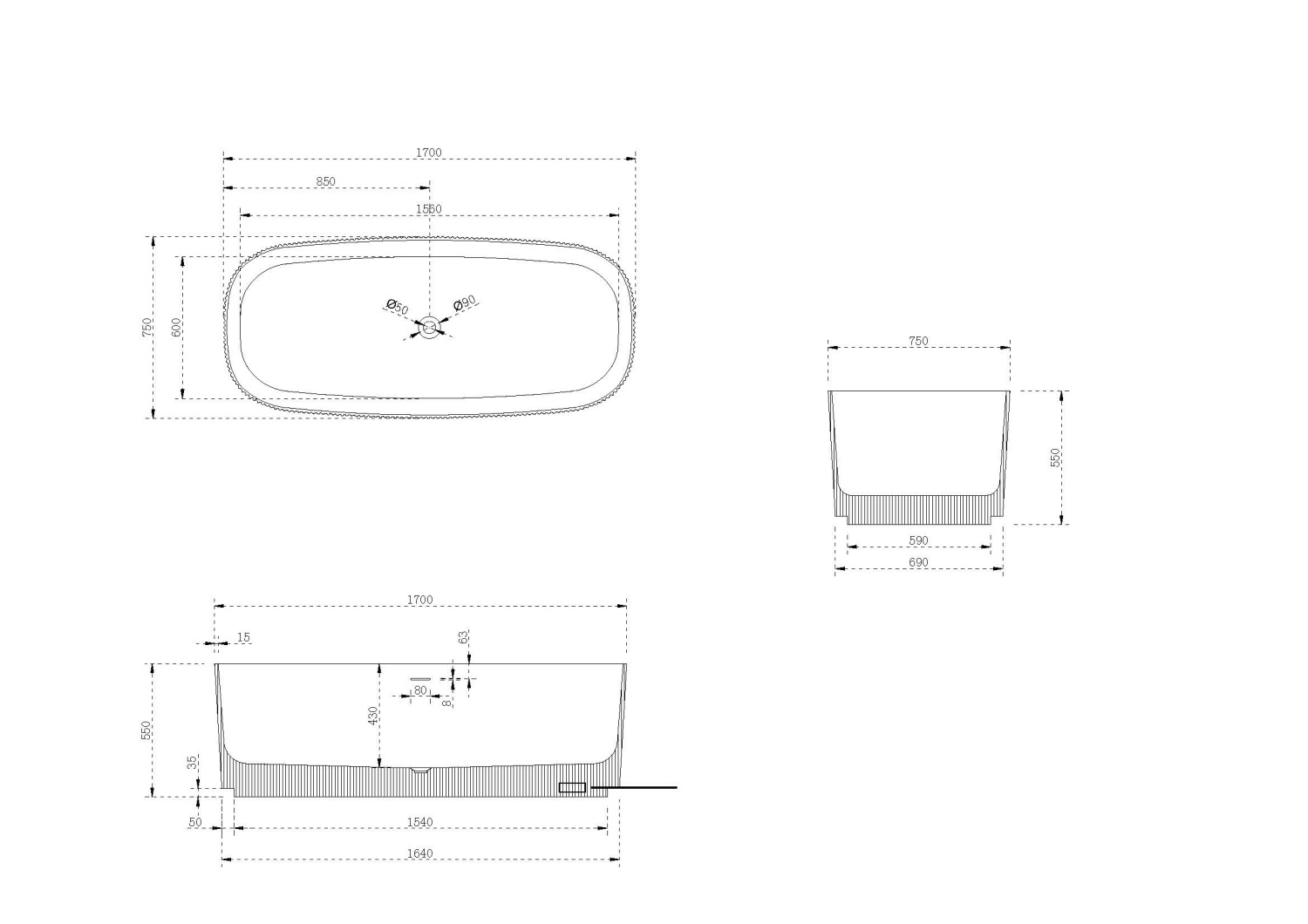 NT Bagno Cielo Ванна отдельностоящая 170х75хh55 см, цвет: белый матовый NT220