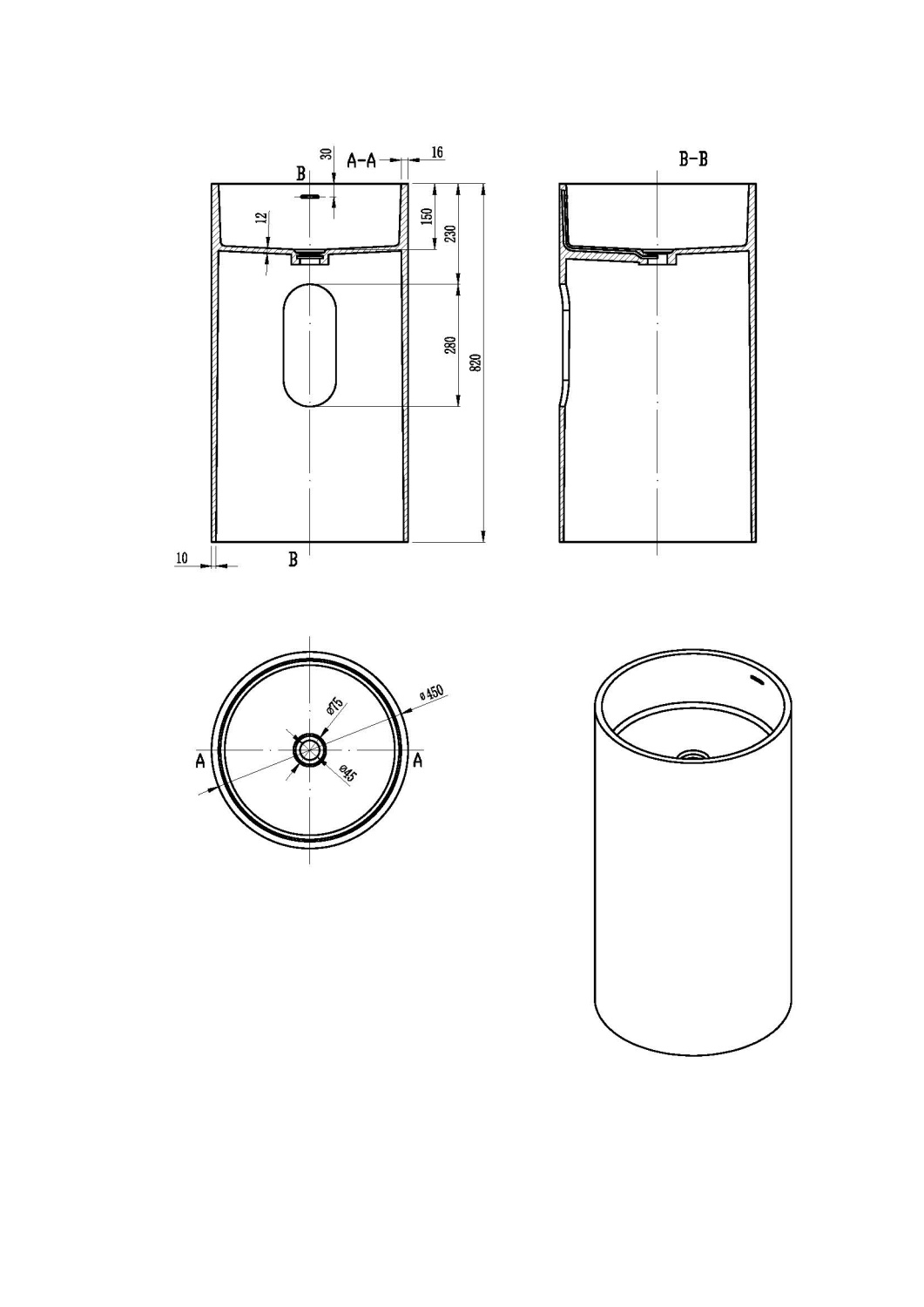 NT Bagno Siena Раковина напольная 45х45хh82 см, цвет: белый матовый NT609