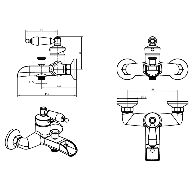Boheme Vogue Смеситель для ванны, излив каскад, длина излива 17,6 см, ручка керамика, цвет: chrome 223