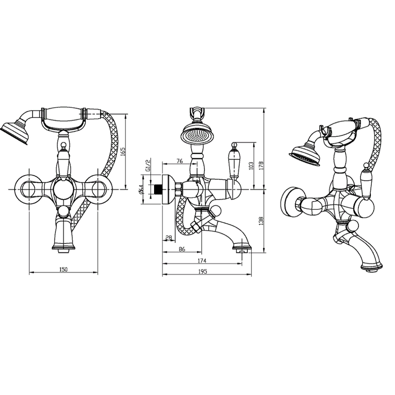 Boheme Brillante Ripresa Смеситель для ванны с душевым набором, излив 19,5 см, цвет: chrome 343