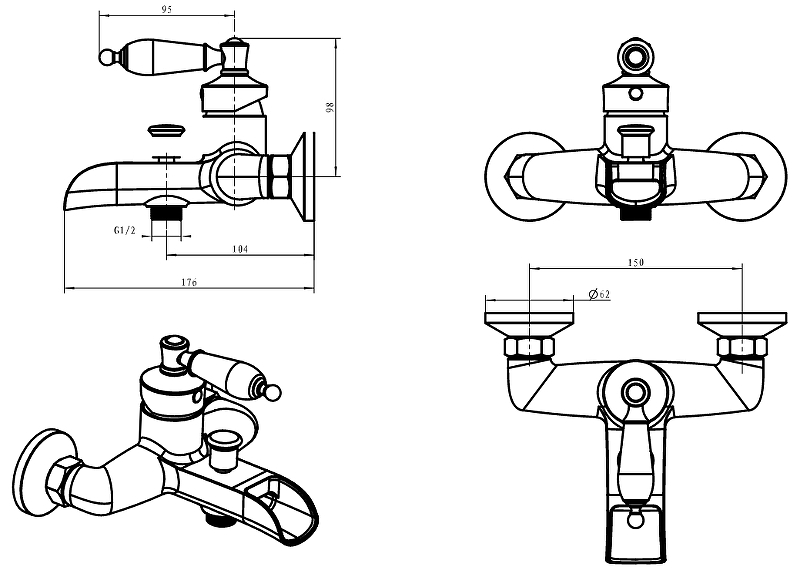 Boheme Vogue Crystal Смеситель для ванны, излив каскад, длина излива 17,6 см, цвет: gold 213-CRST